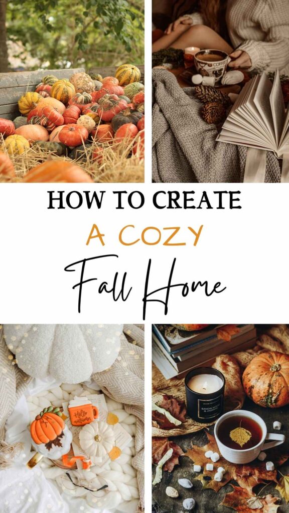 A pinterest pin. In the first picture there is a collection of gourds in straw. In the second picture there is a girl in blankets holding a cup of hot chocolate with a book in front. In the third picture there are white pumpkins on a white blanket. A cup of coffe and some decorated cookies. In the fourth picture there is a candle with pumpkins.