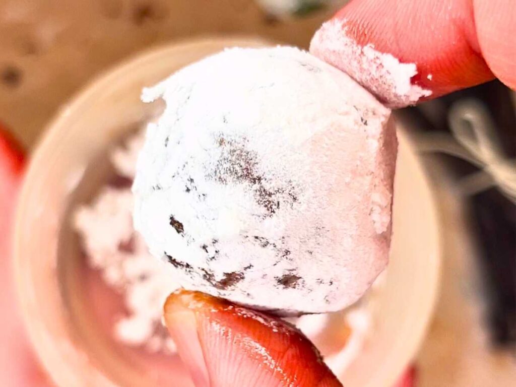 A woman is holding a chocolate truffle rolled in powdered sugar.