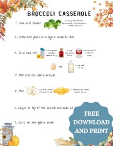 A recipe card for broccoli casserole. There are graphics for ingredients and written instructions.