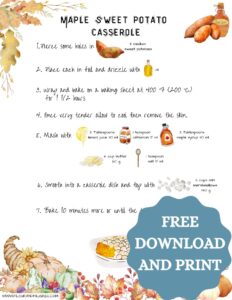 A recipe card for sweet potato casserole. There are graphics for ingredients and written instructions.