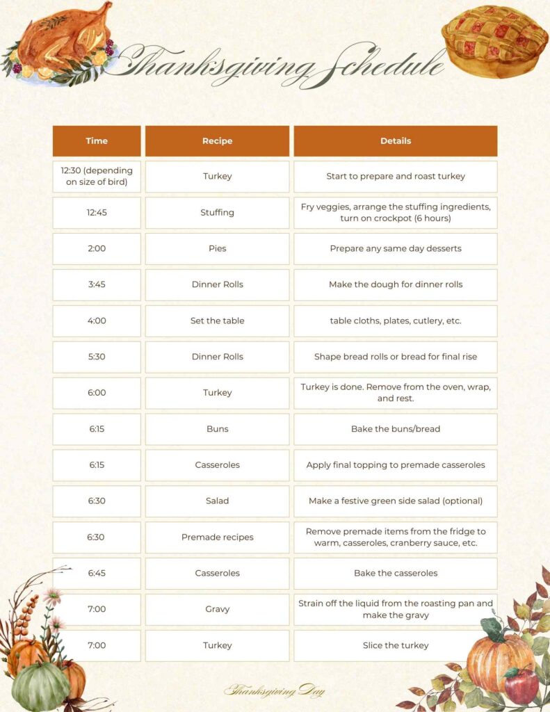 A printable schedule with times and recipes listed. It has fall and Thanksgiving graphics.