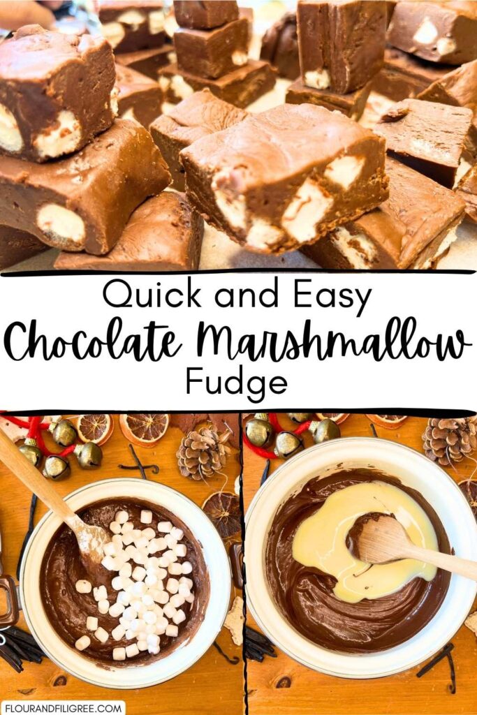 A pinterest pin. Photo 1 a collection of chocolate marshmallow fudge on a wooden table. Photo 2 A white sauce pot with chocolate and marshmallows on top. Photo 3 A white sauce pot with melted chocolate and sweetened condensed milk on top.