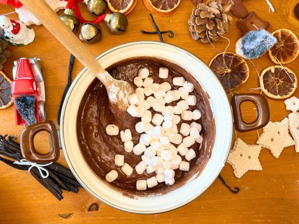 A white pot with melted chocolate inside. there are marshmallows on top.