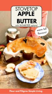 A pinterest pin for apple butter. A woman is holding up a piece of toast with apple butter spread on it.