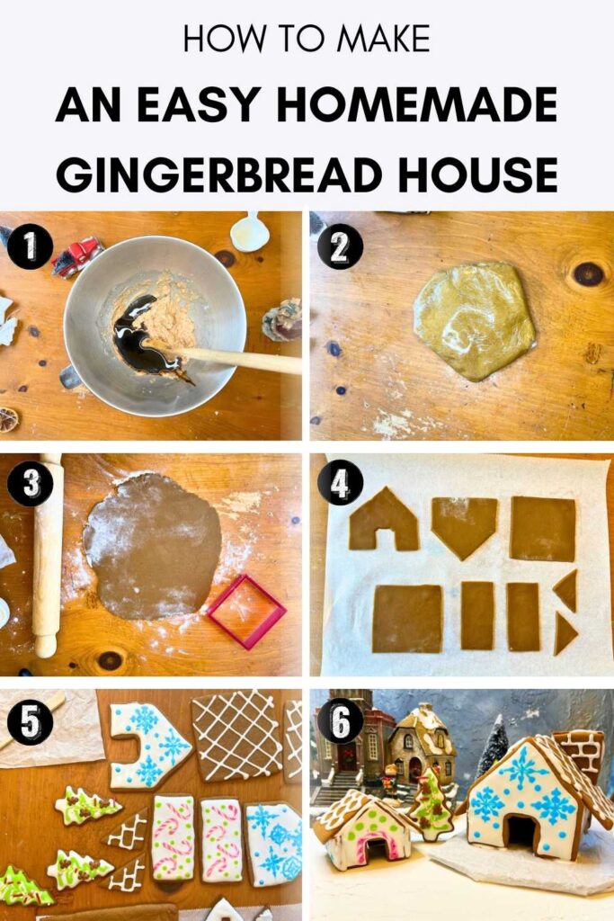 A pinterest pin showing step-by-step process for making a gingerbread house.