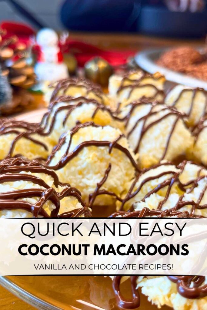 A Pinterest pin with a glass plate with white coconut macaroons. They are drizzled in chocolate.