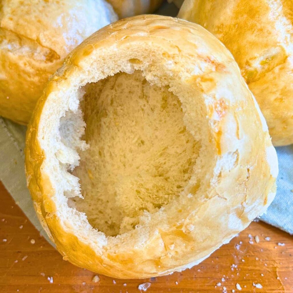 A hollowed out bread bowl.