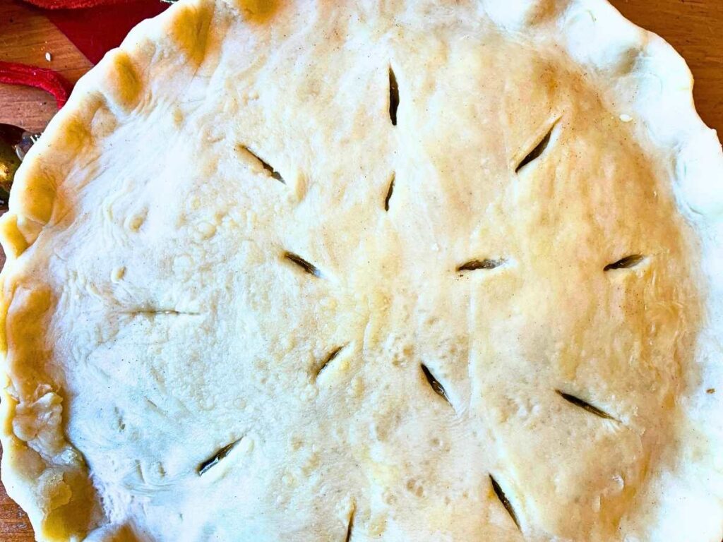 An unbaked mincemeat pie in a pie crust with fluted edges and vents pierced in the top crust.