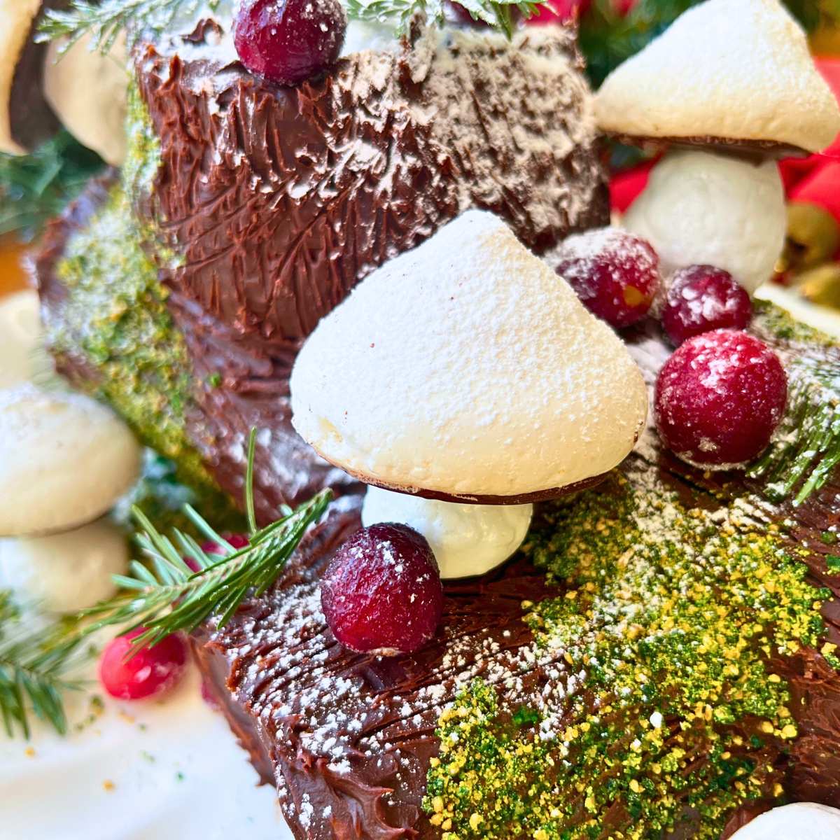 A woodland themed chocolate cake decorated with meringue mushrooms, cranberries, and evergreen.