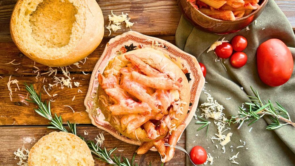 A bread bowl full of pasta with tomato sauce and cheese.