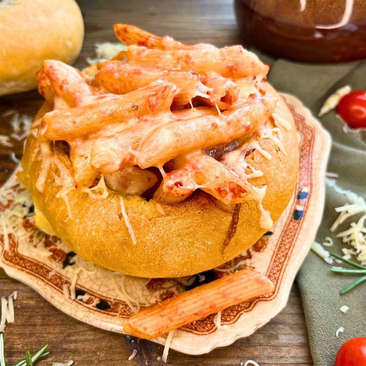 A bread bowl filled with pasta and tomato sauce. There is melted cheese on top.