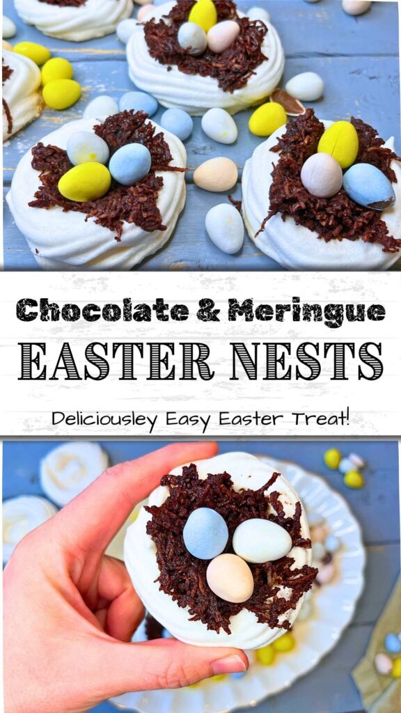 A pinterest pin for chocolate meringue Easter egg nests.