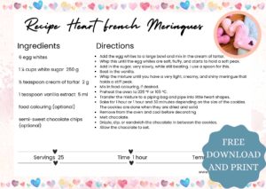 A recipe card for heart French meringues.