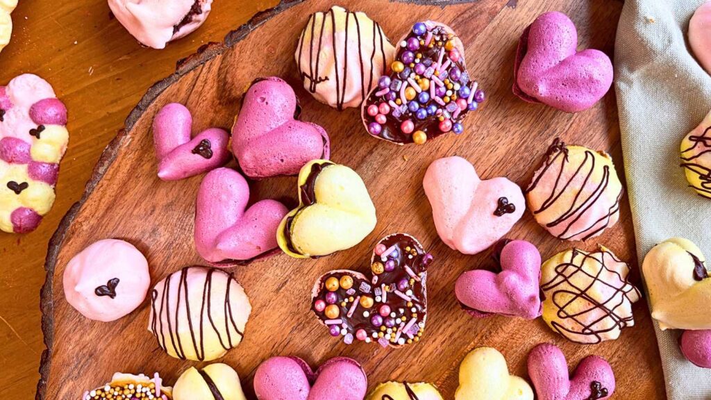 A collection of colourful heart meringue cookies. Some are decorated with chocolate and sprinkles.