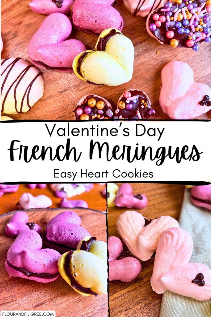 A pinterest pin for Valentine's day French meringues.