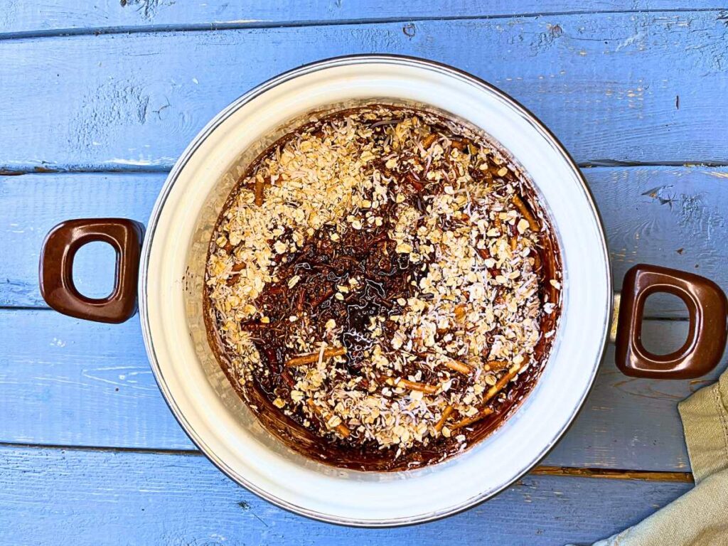 Chocolate sauce mixed with oats and coconut.