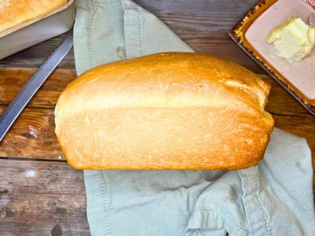 A side view of a loaf of cornmeal sandwich bread.