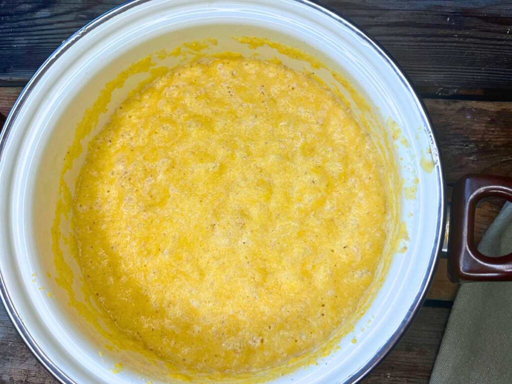 A bubbly yeast and cornmeal mixture in a white sauce pot.