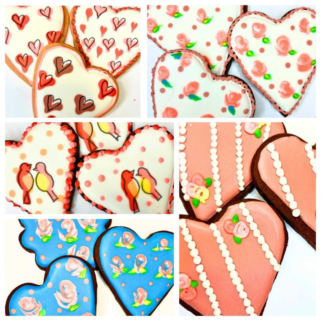 A collection of Valentine's day cookies decorated with royal icing.