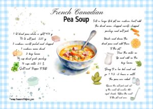 A recipe card for French Canadian pea soup with graphics for ingredients.