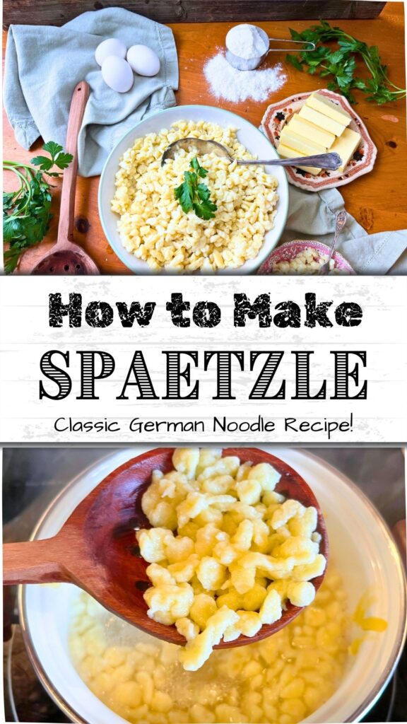 A pinterest pin for German spaetzle. There is an overhead view of a large white bowl full of noodles. In photo 2 there is a woman holding a wooden slotted spoon with spaetzle in it.