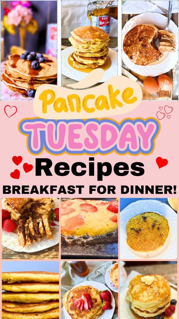 A Pinterest pin for pancake Tuesday recipes featuring pictures of pancakes.