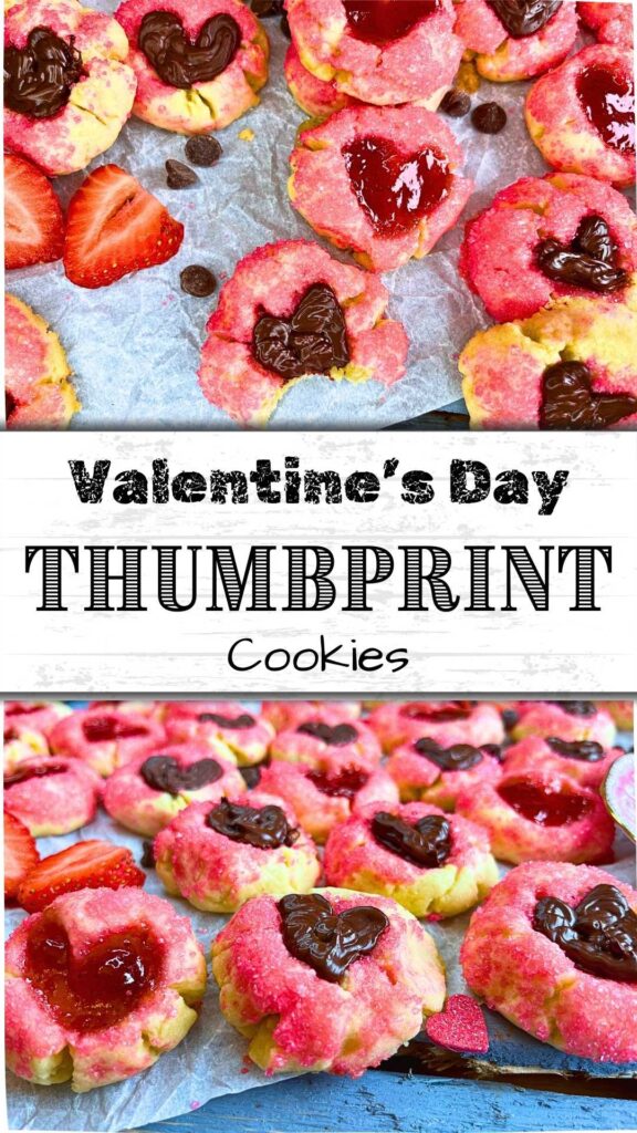 A pinterest pin for Valentine's day thumbprint cookies.