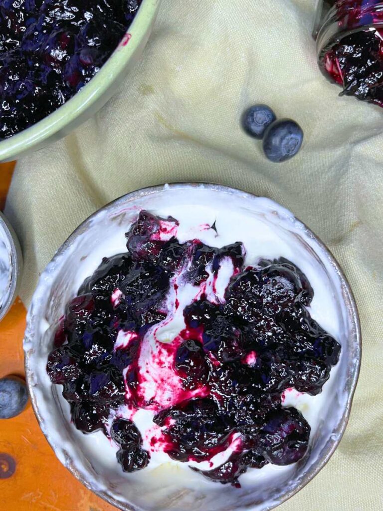 A metal bowl full of vanilla ice cream and blueberry sauce on top.