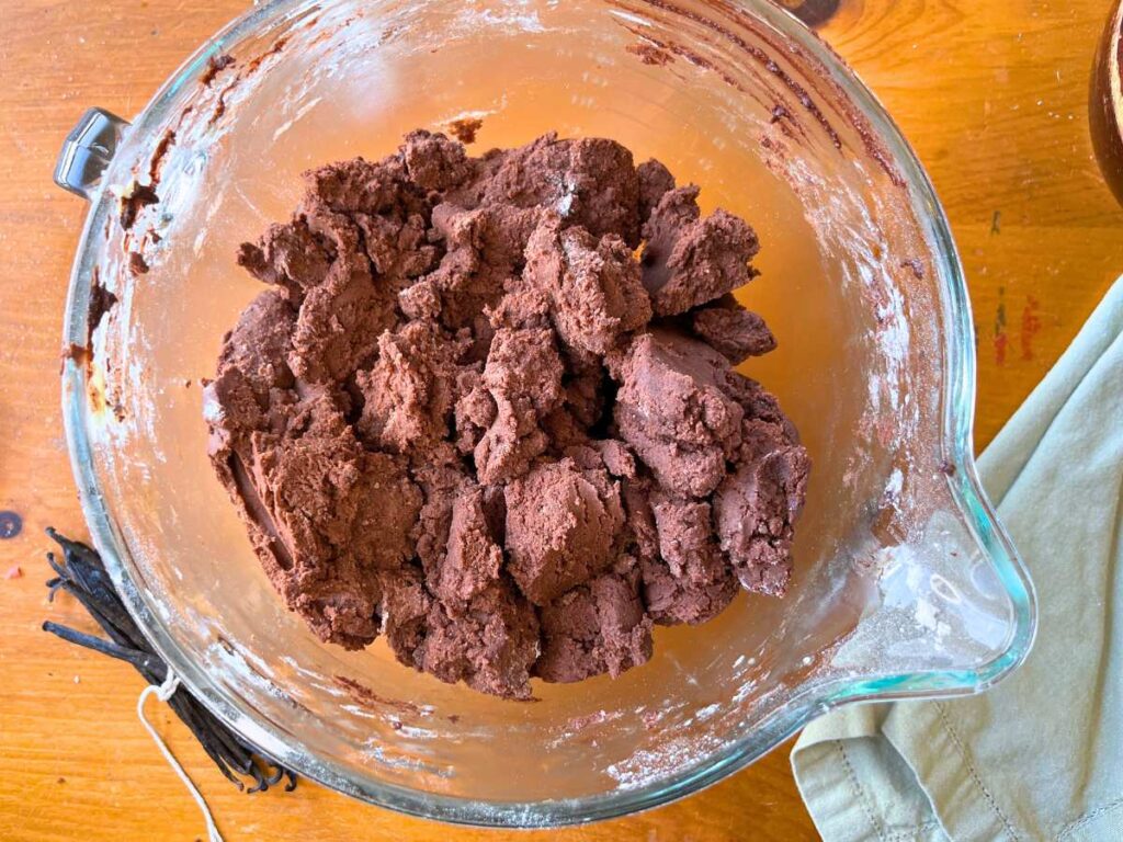 A glass bowl with chocolate cookie dough inside.