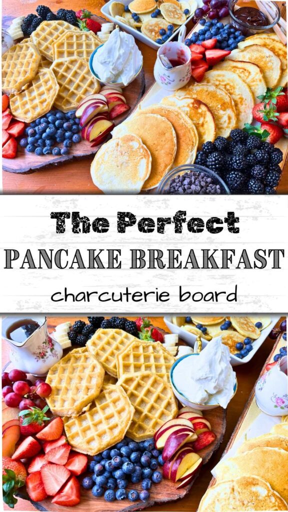 A Pinterest pin for a pancake breakfast charcuterie board.