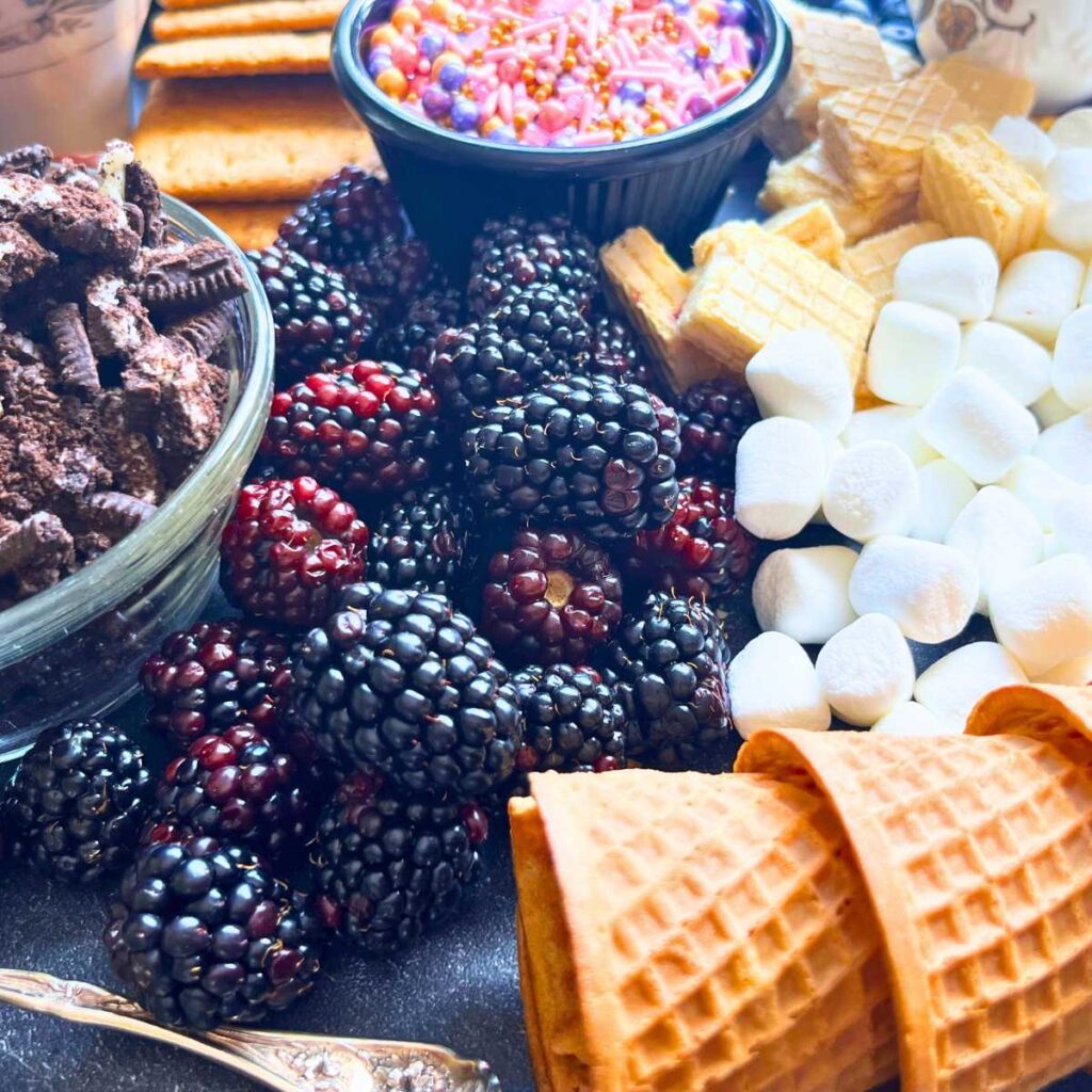 A table of blackberries, crushed Oreos, sprinkles, marshmallows, and ice cream cones.