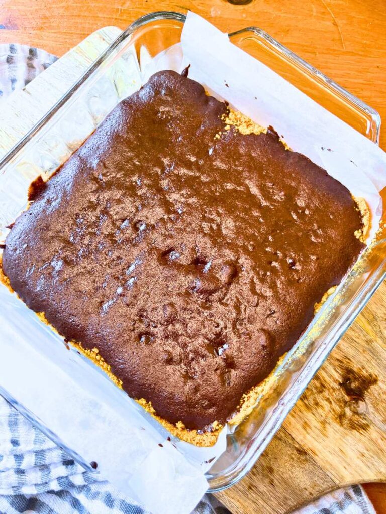 Baked brownies with a graham cracker crust. They are in a parchment lined glass square pan.