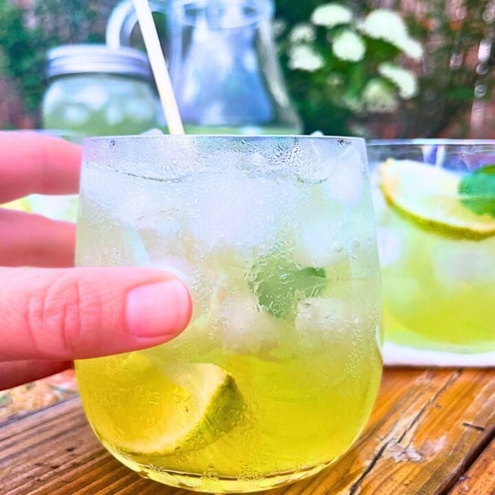 A woman is holding a glass with limeade, ice, lime wedge, and a mint leaf inside.