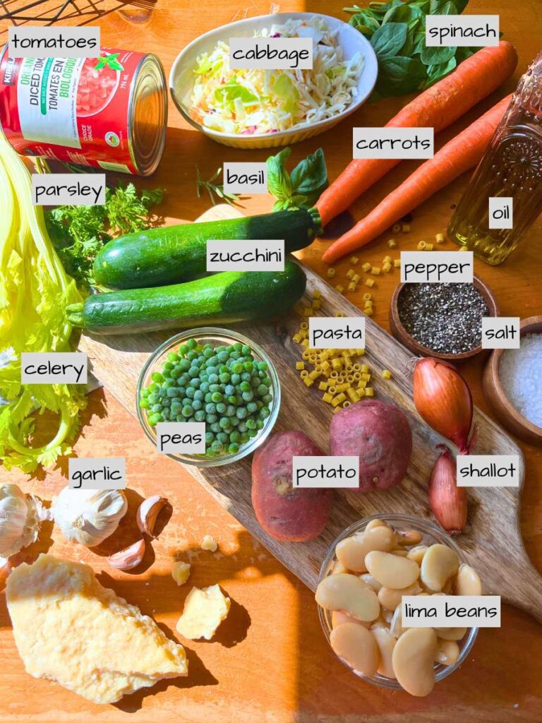 A table full of labeled ingredients.