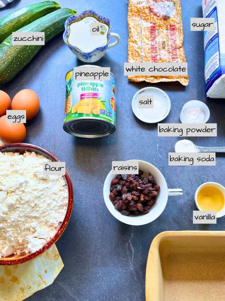 A table full of labeled ingredients.