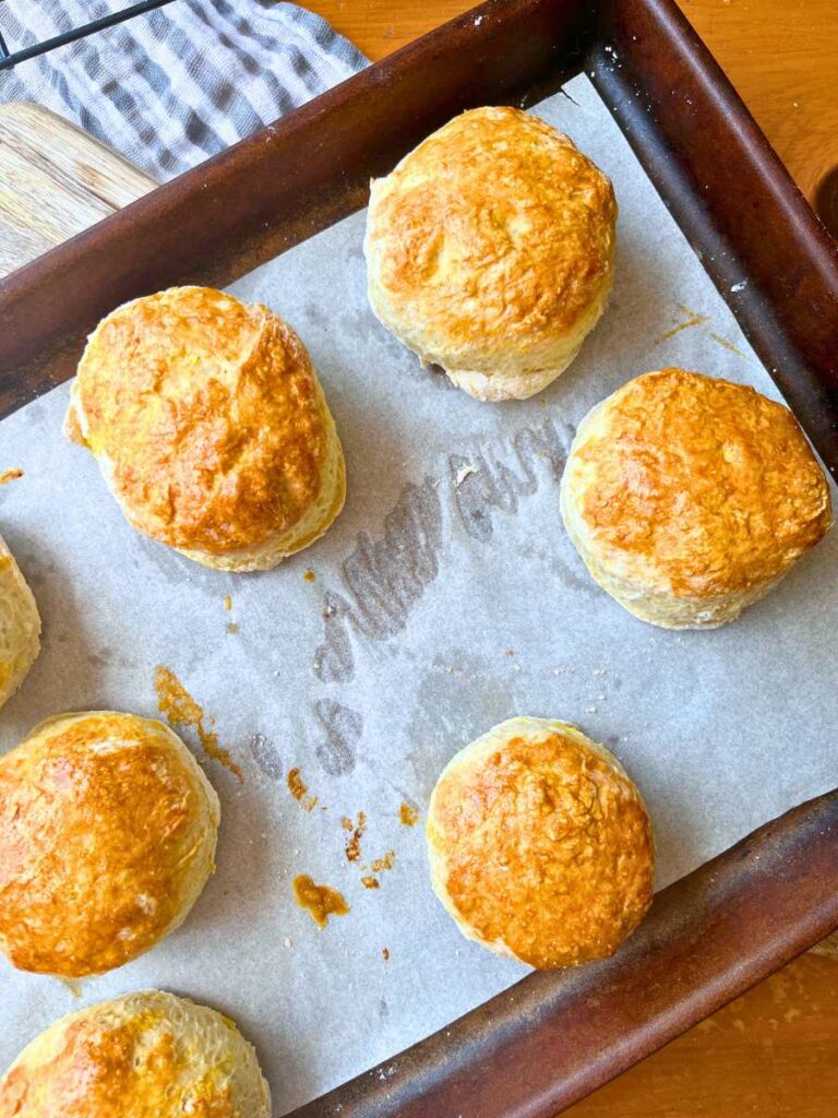 Baked scones on a lined cookie sheet.