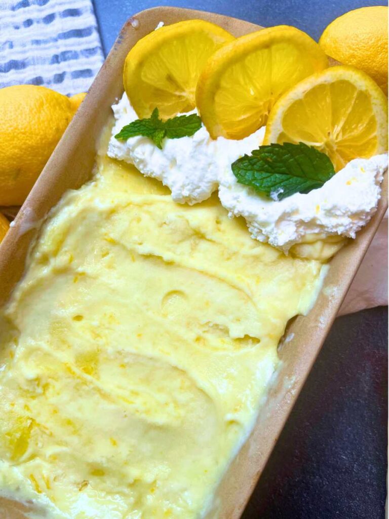 Homemade lemon gelato in a stone pan.
