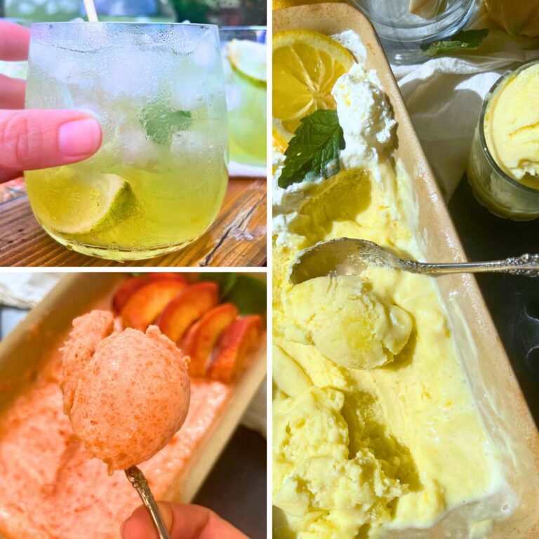 A collage with a woman holding a glass of limeade, a frozen peach sorbet, and a frozen lemon gelato.