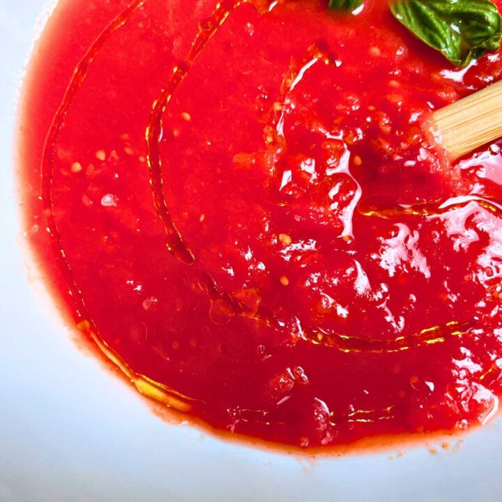 A close up look at a white bowl filled with tomato sauce.