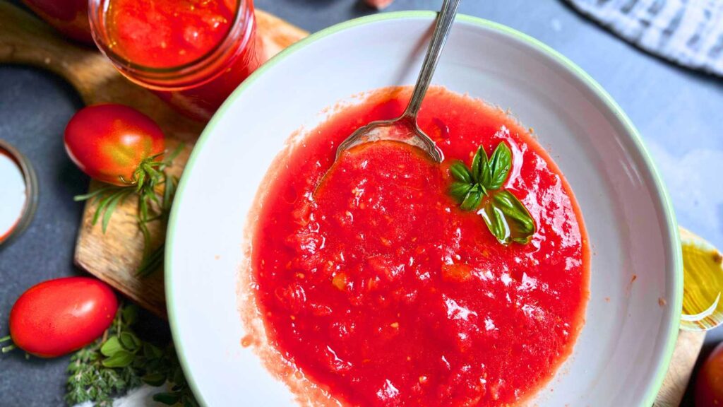 A large white bowl filled with tomato sauce. There is some fresh basil inside.