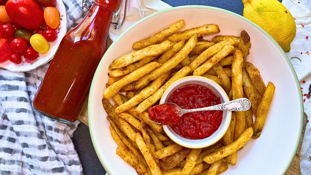 A large bowl of fries with a small container on ketchup in the middle. There is more in a jar off to the side.