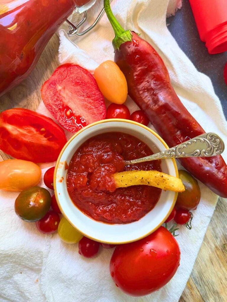 A white dish filled with ketchup. There is a spoon and a fry inside. There are tomatoes and a pepper arranged around.