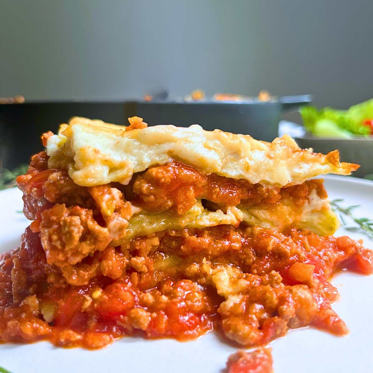 A side view of a slice of baked lasagna.