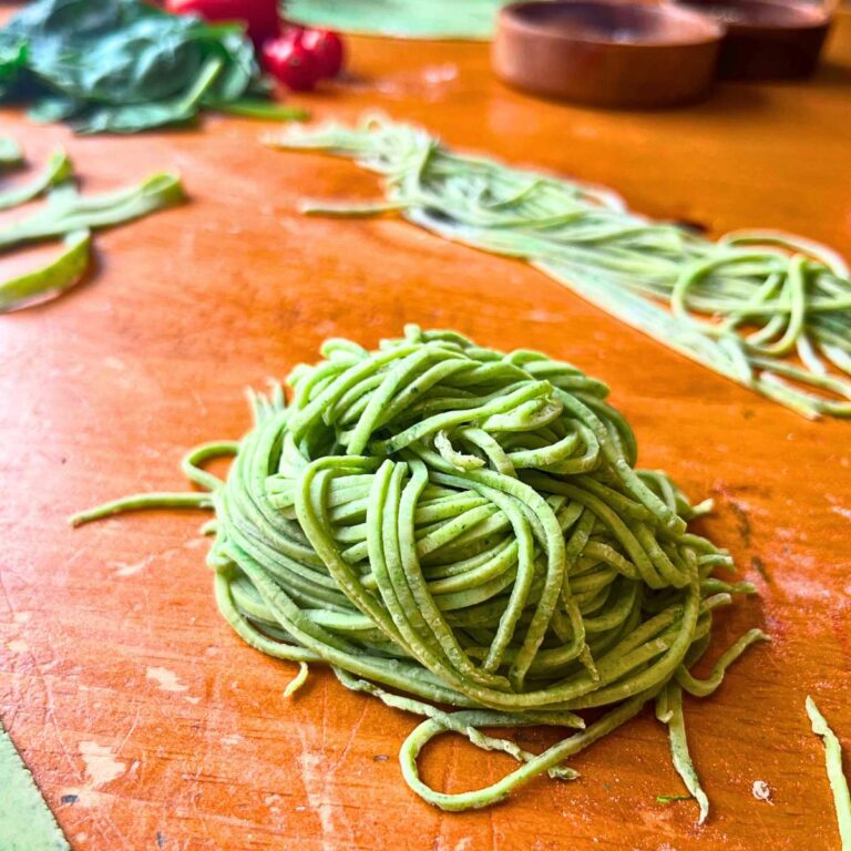 A nest of spinach pasta spaghetti noodles.