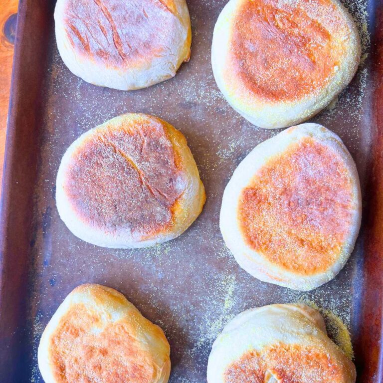 A tray of cooked English muffins.