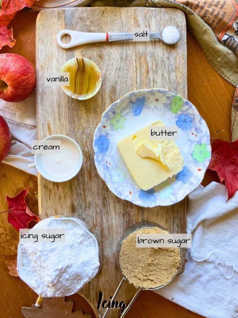 A cutting board full of labeled ingredients.