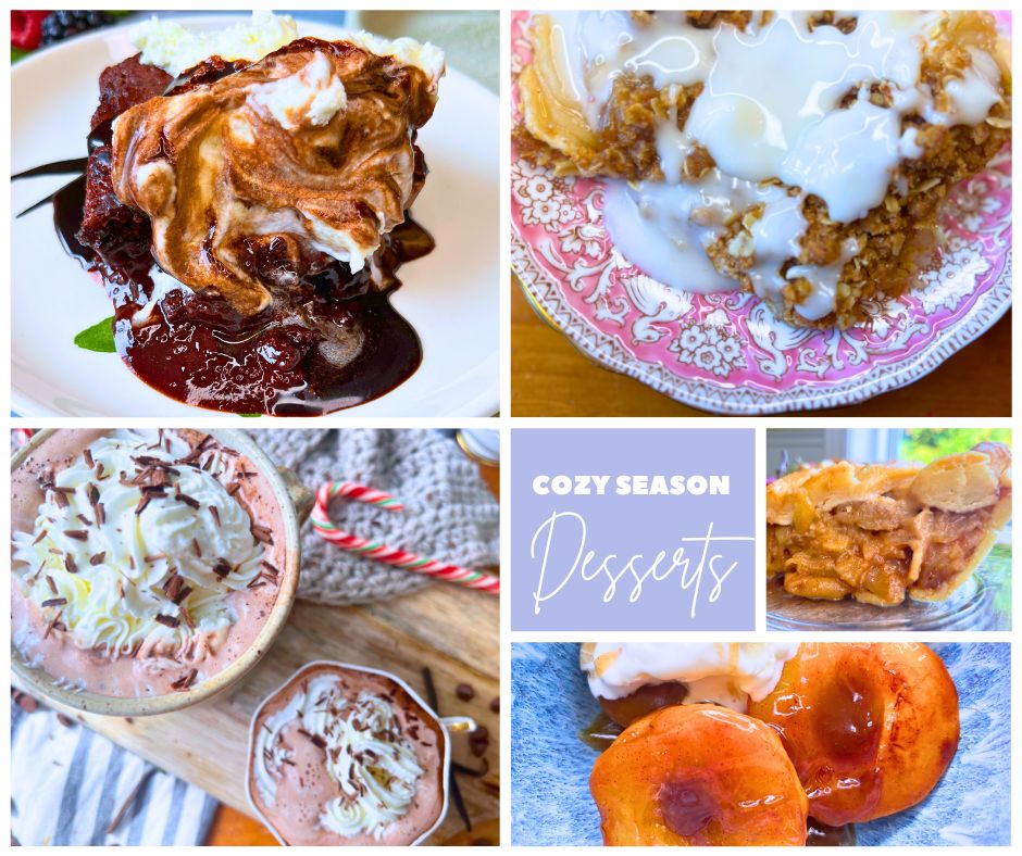 A collection of desserts labeled cosy season desserts.