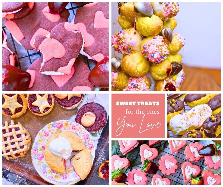 A collection of pictures of Valentine's Day themed treats.
