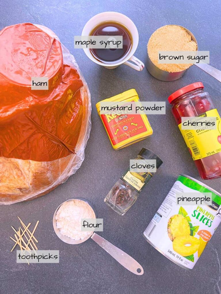 A table full of labeled ingredients.