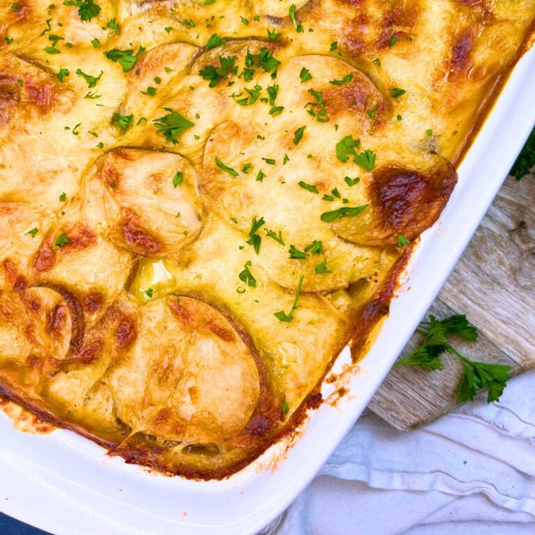 An overhead view of an extra creamy scalloped potato casserole.